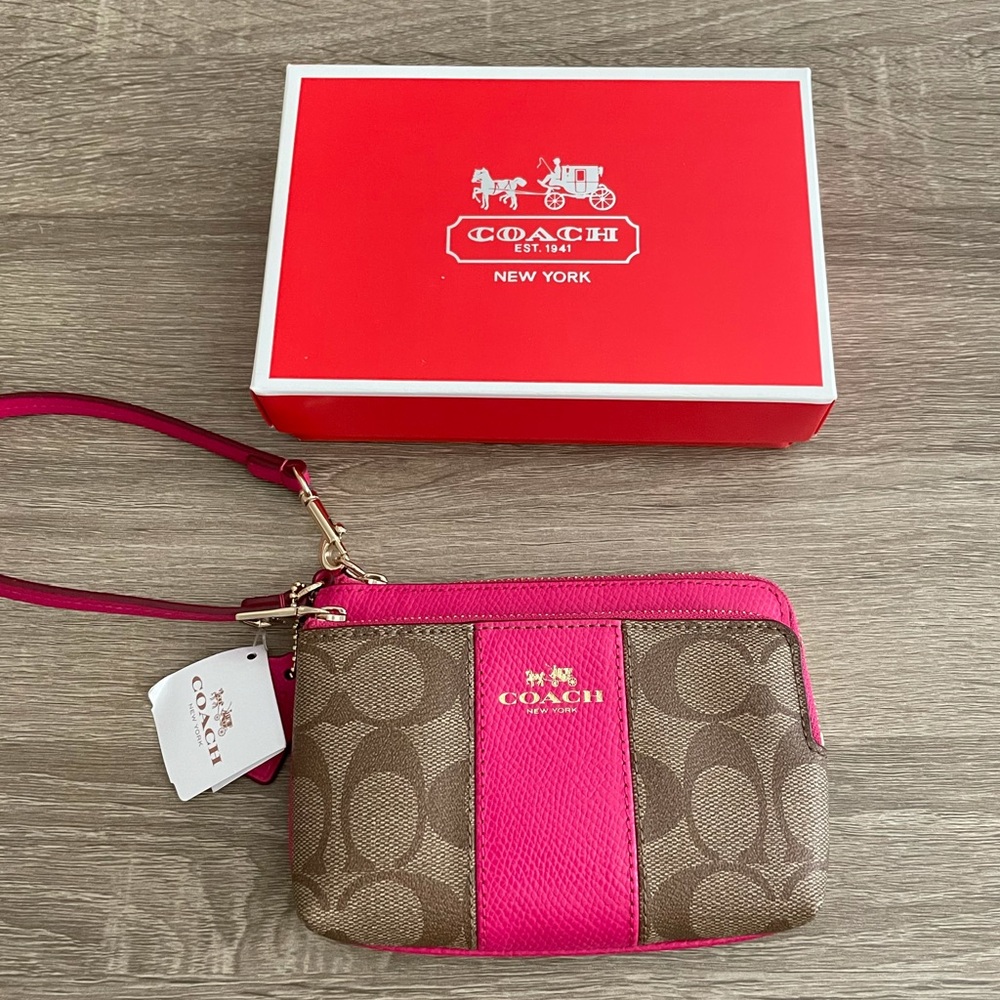 NWT Coach Double Corner Zip Wristlet Khaki/ Pink Ruby